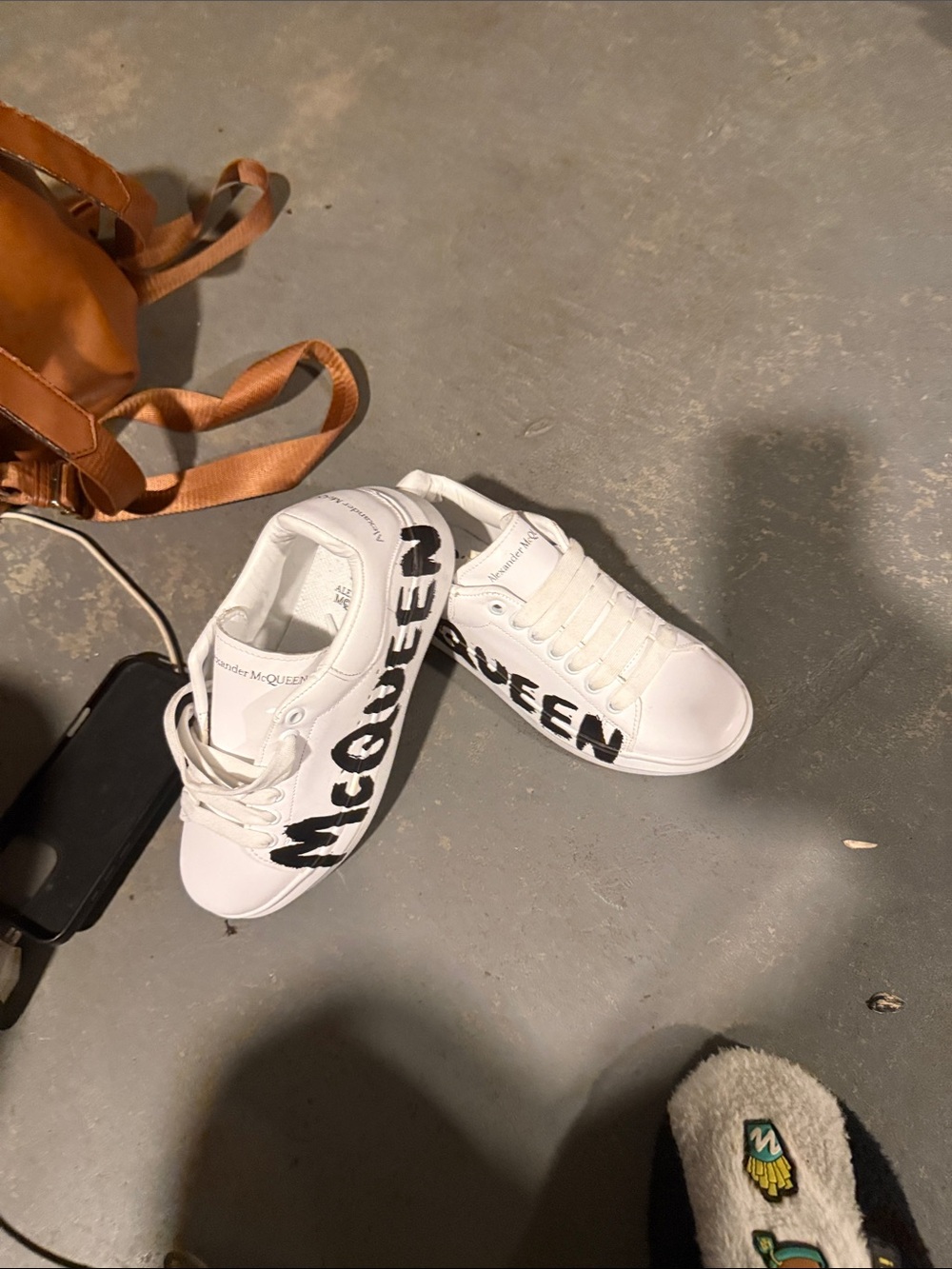 Alexander McQueen White Leather Sneakers with Black Graffiti Logo